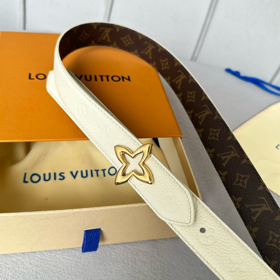 LV  MINI FLOWERGRAM 30MM REVERSIBLE BELT IN WHITE EMBOSSED CALFSKIN GOLD HARDWARE