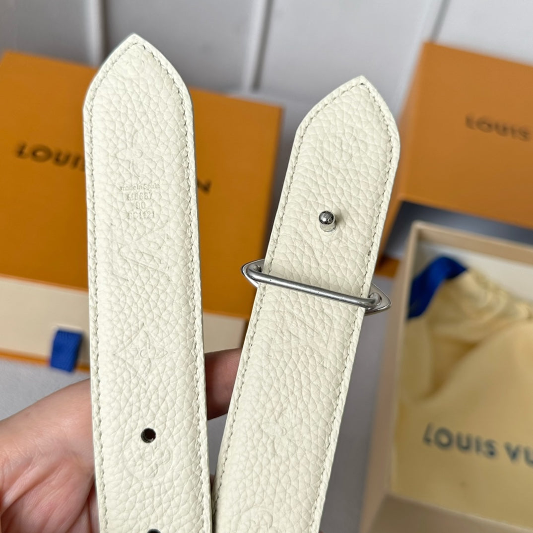 LV  MINI FLOWERGRAM 30MM REVERSIBLE BELT IN WHITE EMBOSSED CALFSKIN SILVER HARDWARE