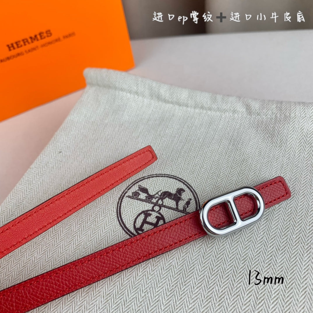 HM MAILLON H BELT BUCKLE & REVERSIBLE CHERRY RED LEATHER STRAP 13 MM SILVER HARDWARE