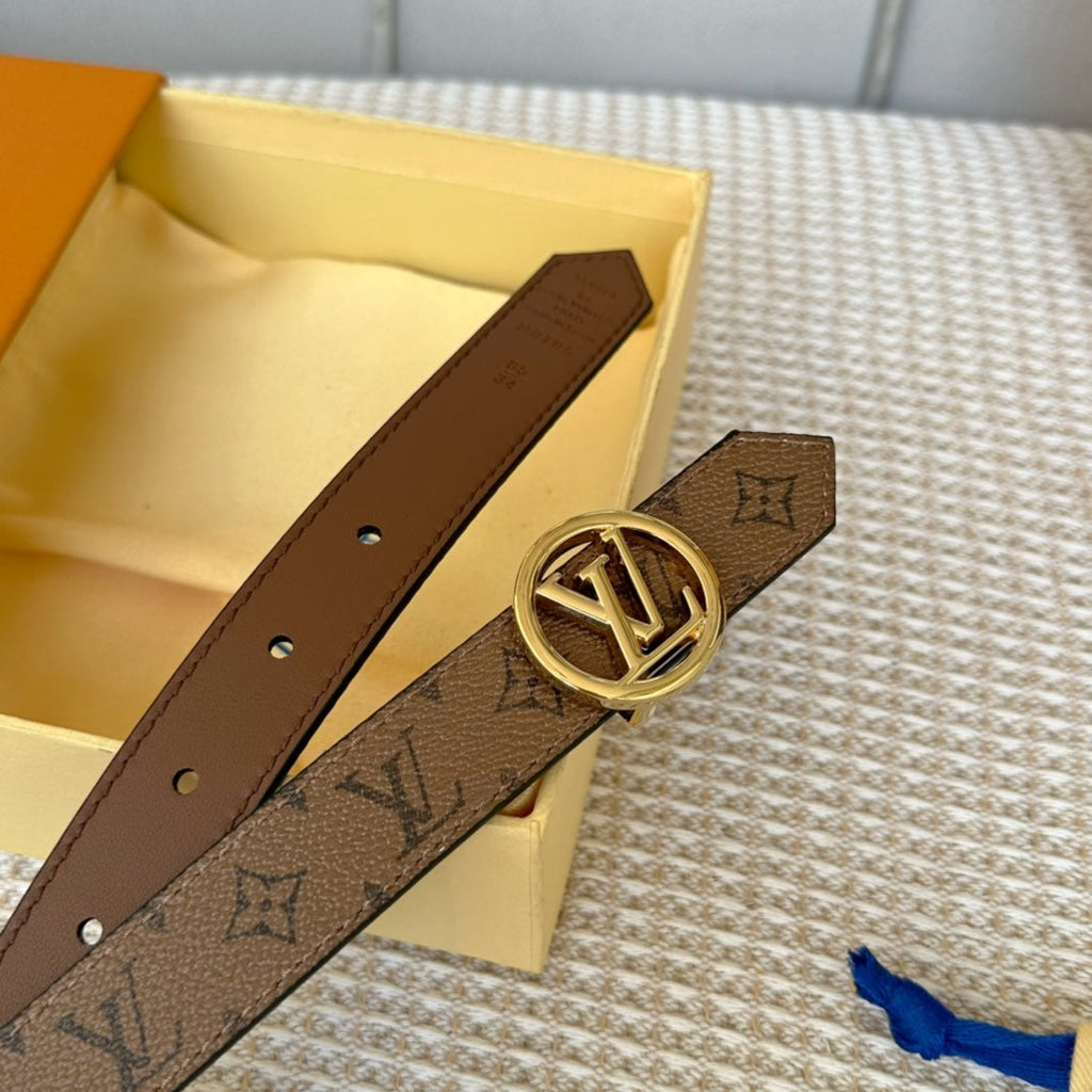 LV CIRCLE 25MM REVERSIBLE BELT MEDIUM BROWN MONOGRAM CALFSKIN GOLD HARDWARE