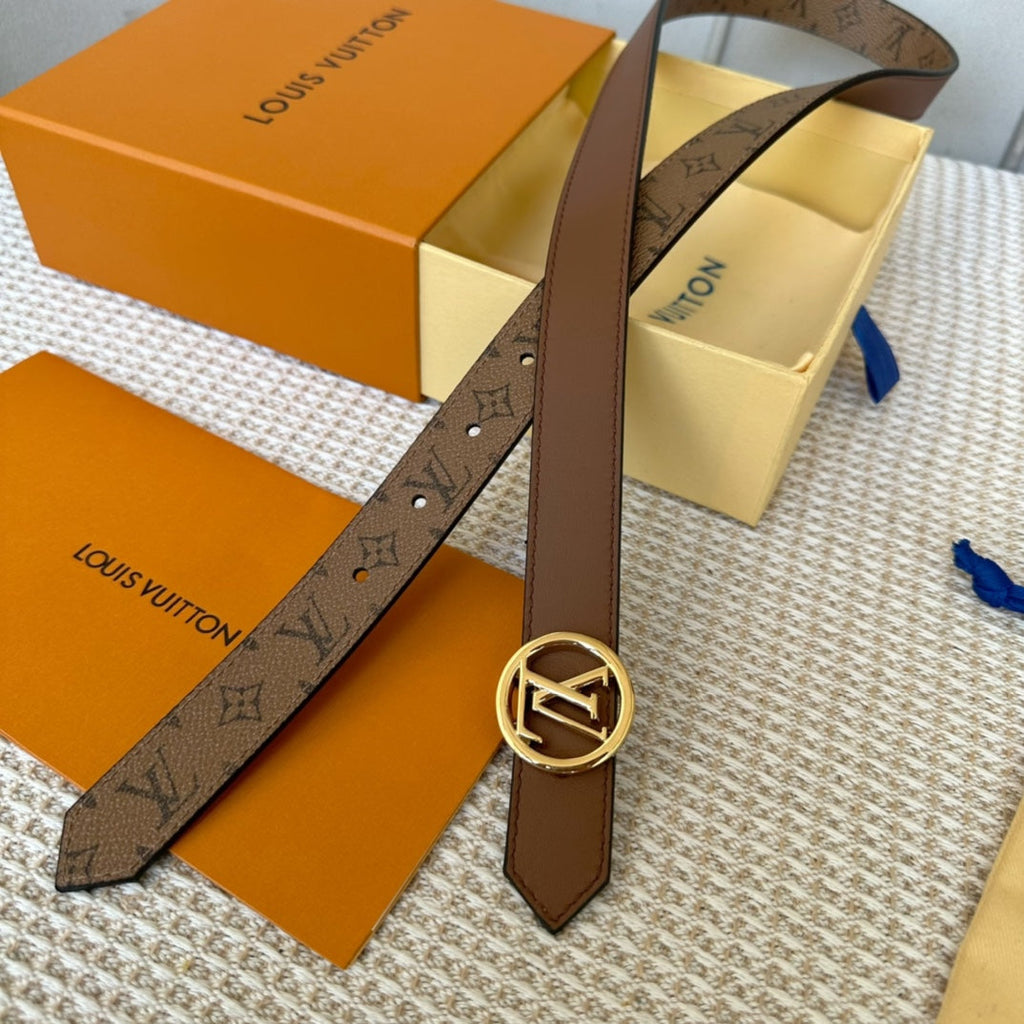 LV CIRCLE 25MM REVERSIBLE BELT MEDIUM BROWN MONOGRAM CALFSKIN GOLD HARDWARE