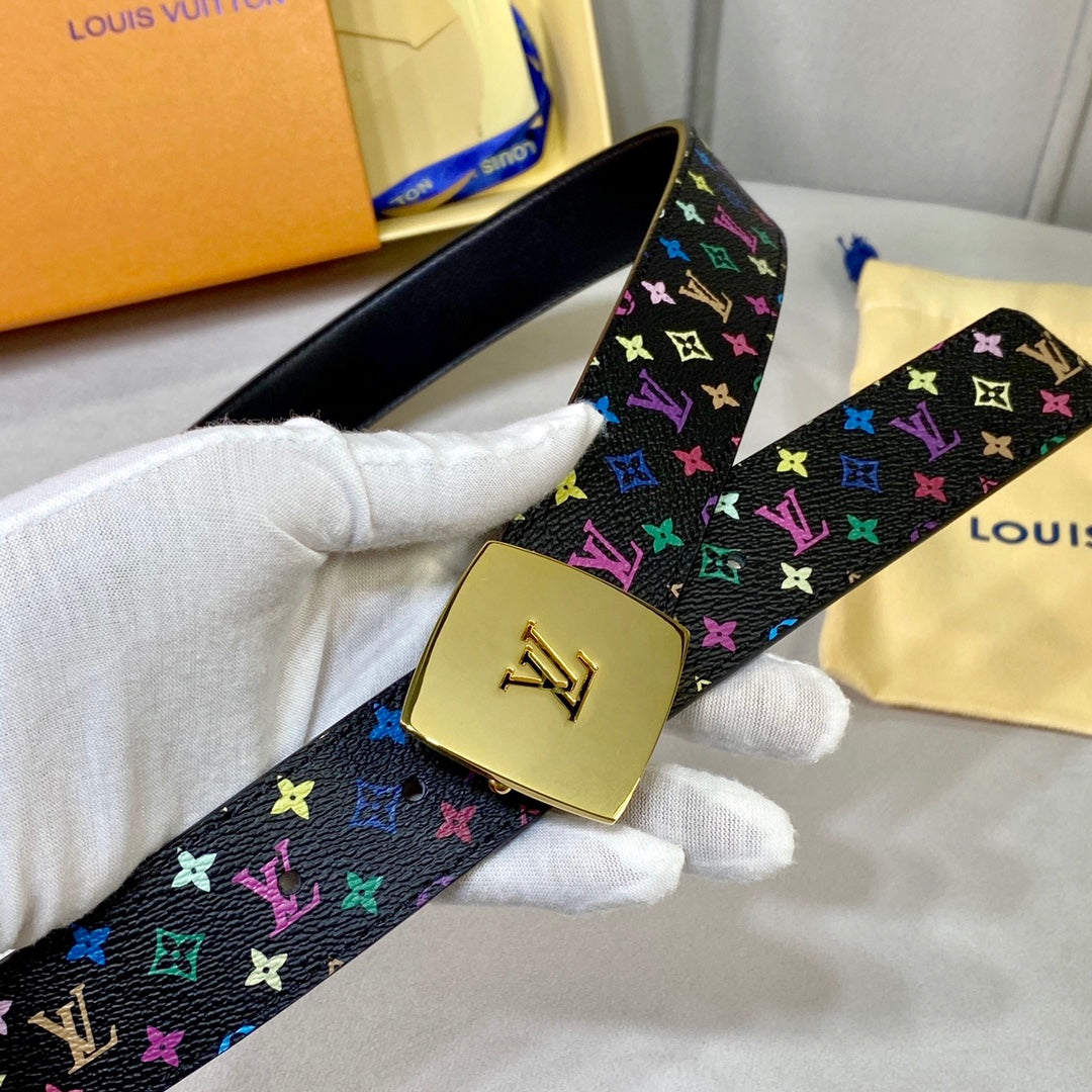 LV 35 MM BELT MULTICOLOR MIX BLACK MONOGRAM CALFSKIN GOLD HARDWARE