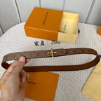 LV FLOWERGRAM 25 MM REVERSIBLE BELT IN BROWN MONOGRAM CALFSKIN GOLD HARDWARE