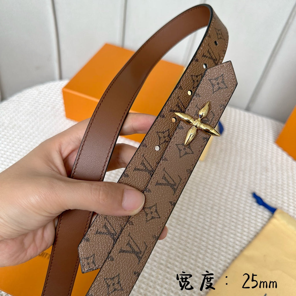 LV FLOWERGRAM 25 MM REVERSIBLE BELT IN BROWN MONOGRAM CALFSKIN GOLD HARDWARE
