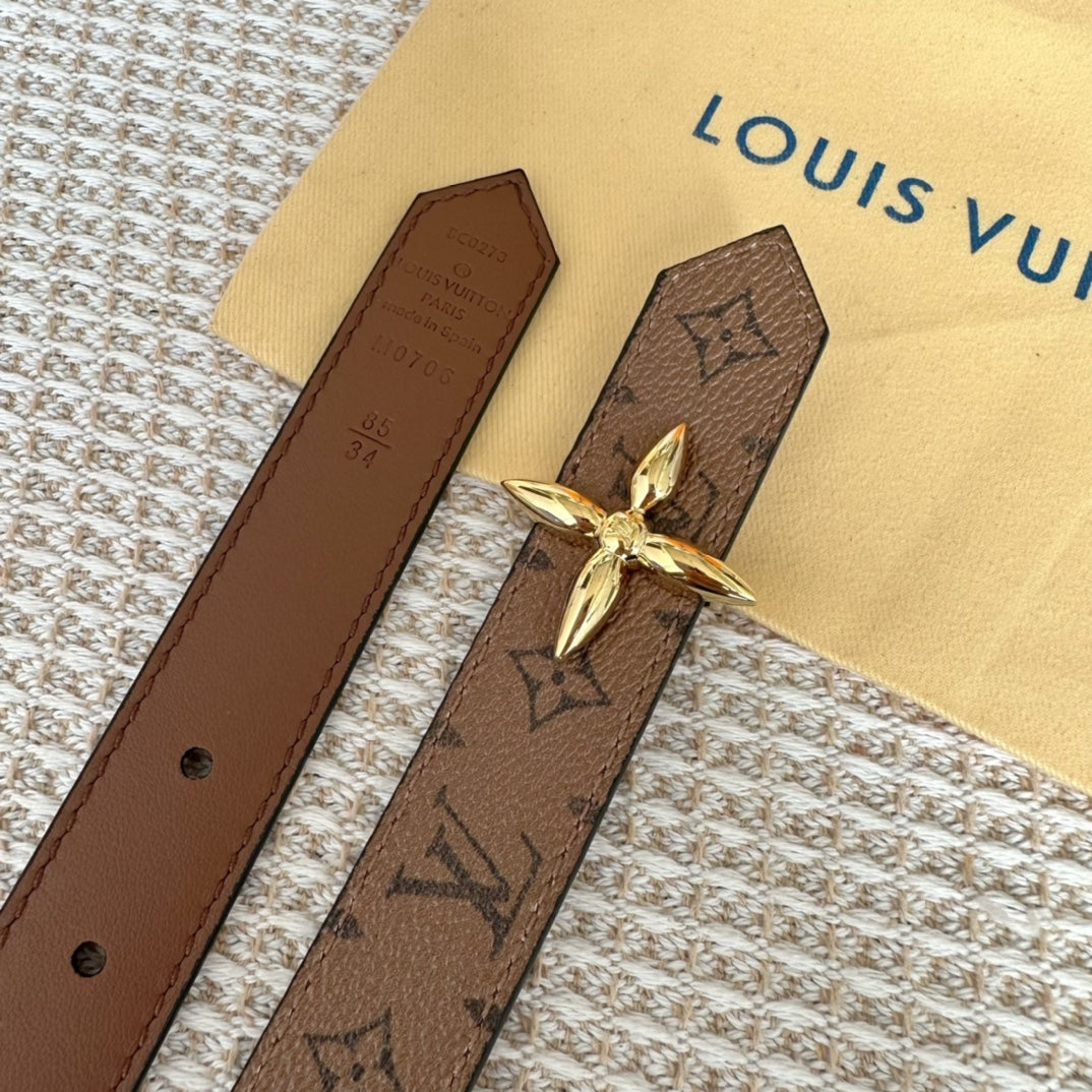LV FLOWERGRAM 25 MM REVERSIBLE BELT IN BROWN MONOGRAM CALFSKIN GOLD HARDWARE