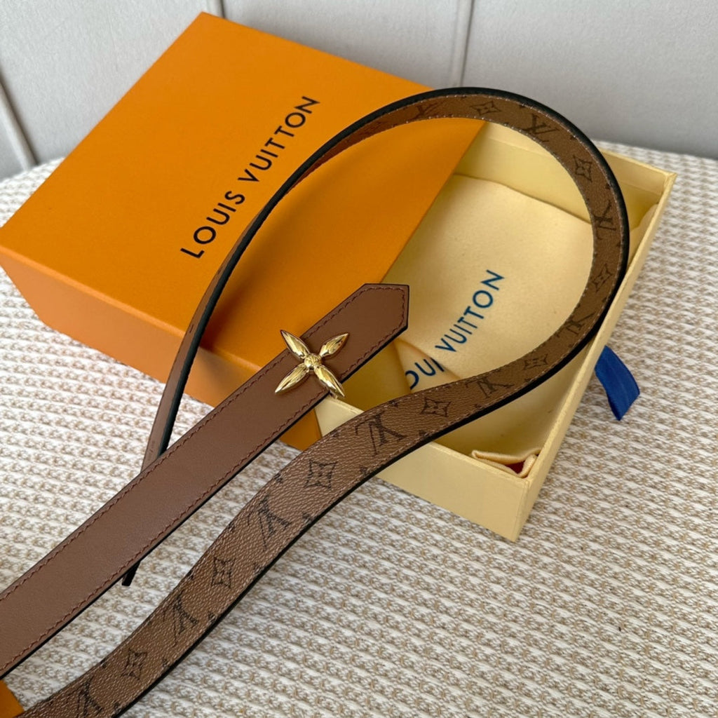 LV FLOWERGRAM 25 MM REVERSIBLE BELT IN BROWN MONOGRAM CALFSKIN GOLD HARDWARE