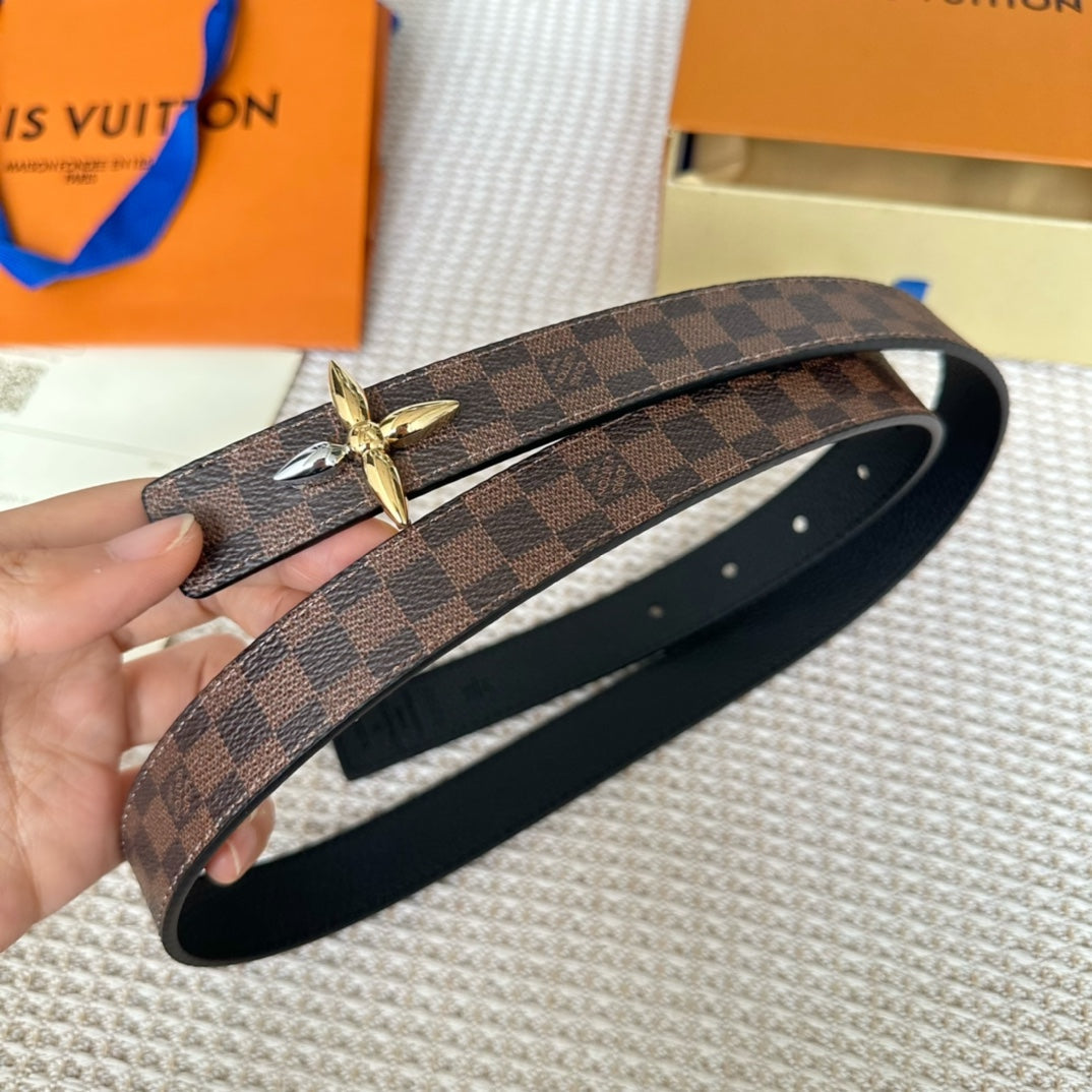 LV FLOWERGRAM 25 MM REVERSIBLE BELT IN BROWN DAMIER CALFSKIN GOLD MIX SILVER HARDWARE