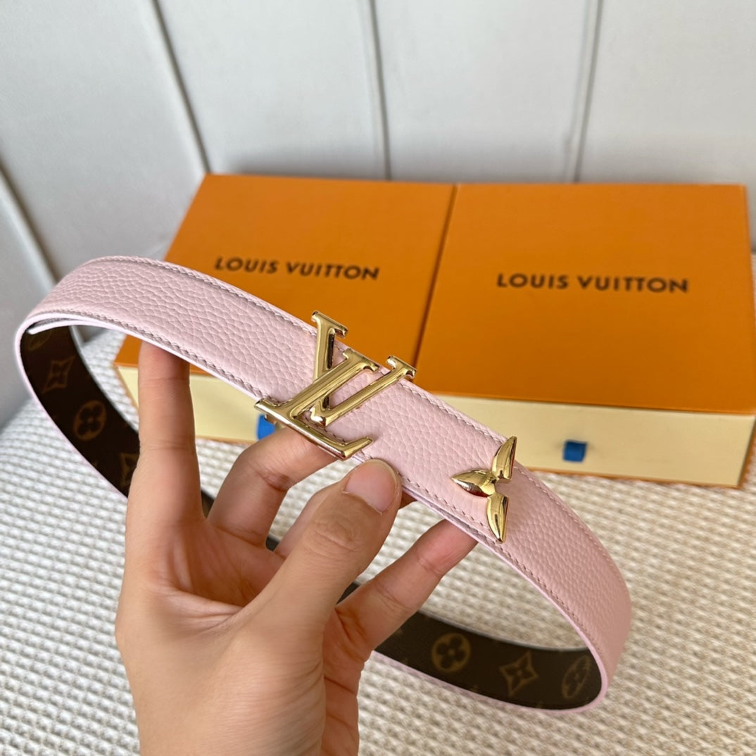 PRETTY LV 30MM REVERSIBLE BELT IN LIGHT PINK CALFSKIN GOLD HARDWARE