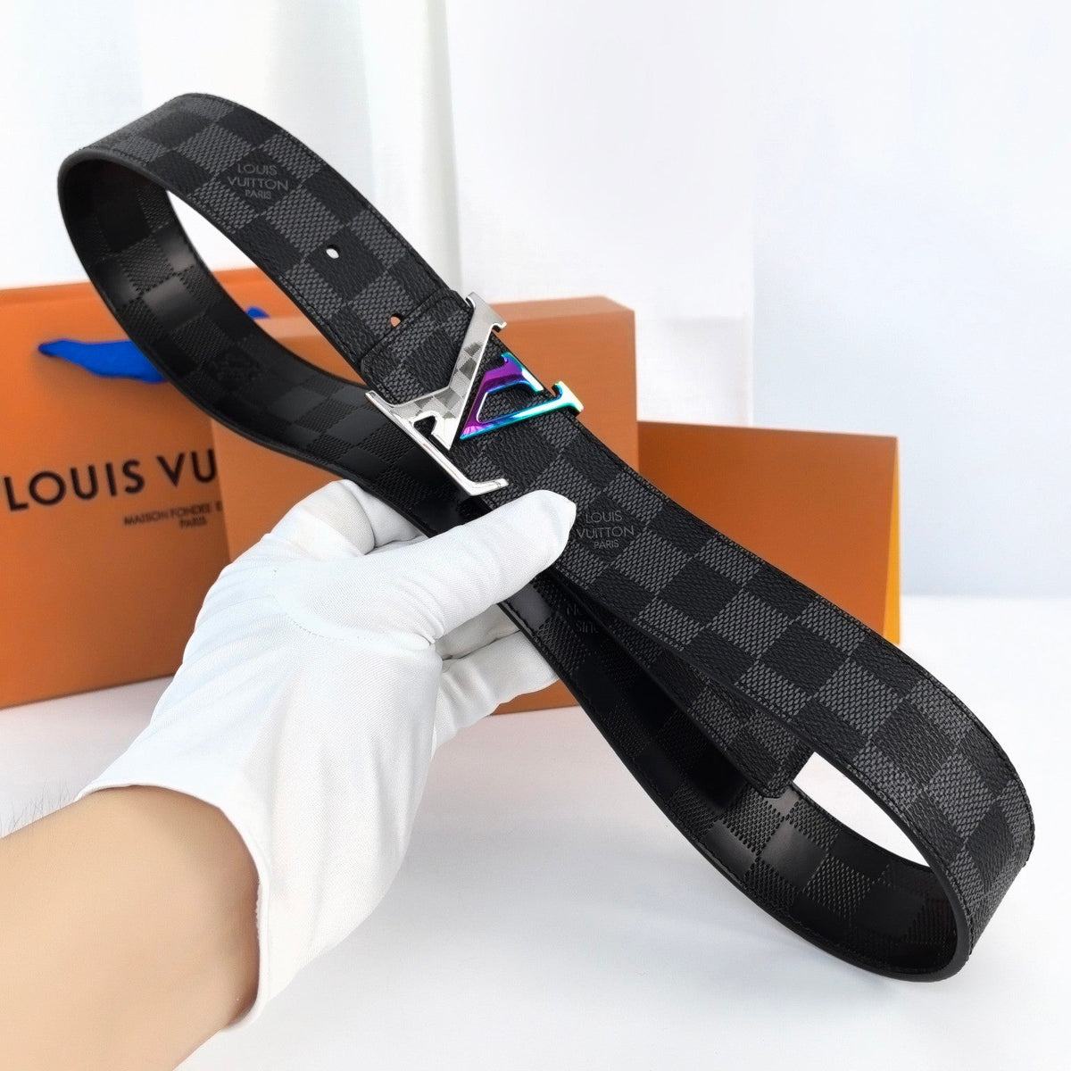 LV LARGE 40MM PYRAMIDE BELT BLACK DAMIER MONOGRAM CALFSKIN METAL HARDWARE