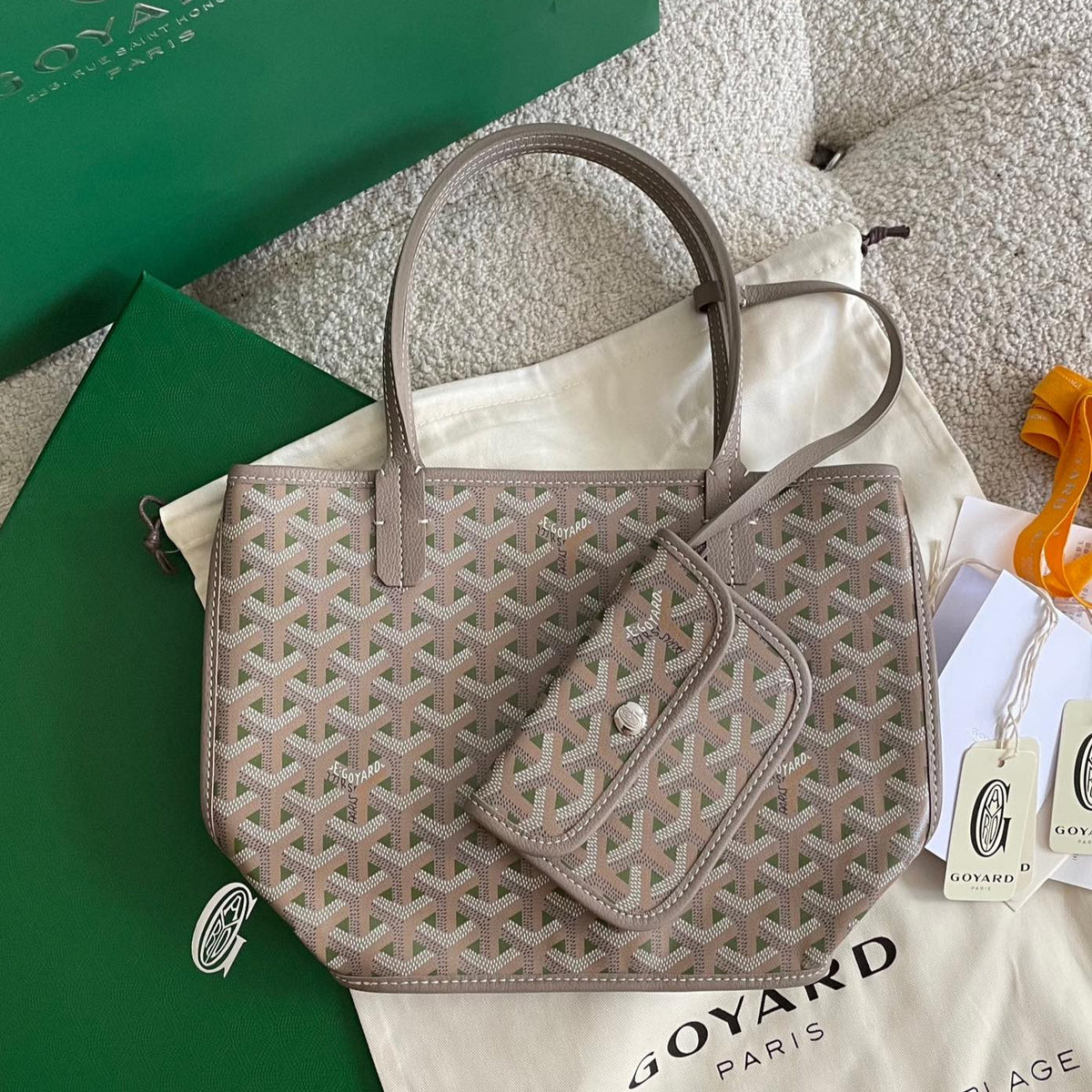 ANJOU MINI BAG 20 IN GREY MIX GREEN GOYARDINE CANVAS AND CALFSKIN