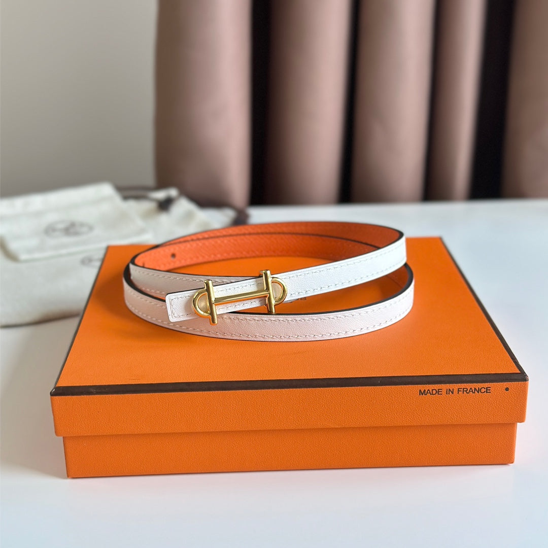 HM GAMMA BUCKLE & REVERSIBLE WHITE AND ORANGE LEATHER STRAP 13MM GOLD HARDWARE