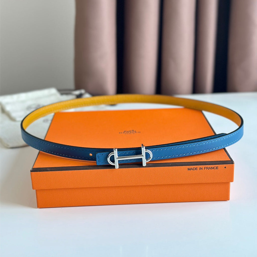 HM GAMMA BUCKLE & REVERSIBLE GOLDEN AND BLUE LEATHER STRAP 13MM SILVER HARDWARE