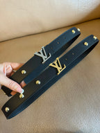 LV Initiales Studs 30mm Reversible Belt Silver Buckle Black Leather