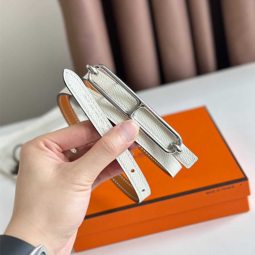 HM ROULIS BUCKLE & REVERSIBLE CINNAMON BROWN AND WHITE LEATHER STRAP 13MM SILVER HARDWARE