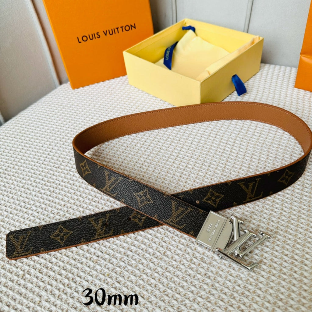 LV Initiales 30mm Reversible Belt Silver Rotating Buckle Tan Brown Leather