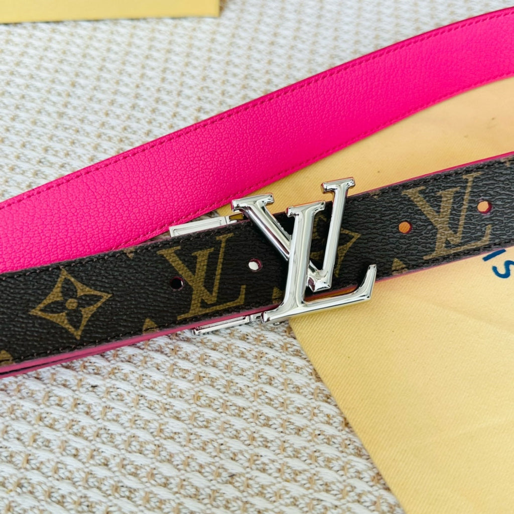 LV Initiales 30mm Reversible Belt Silver Rotating Buckle Hot Pink Brown Leather