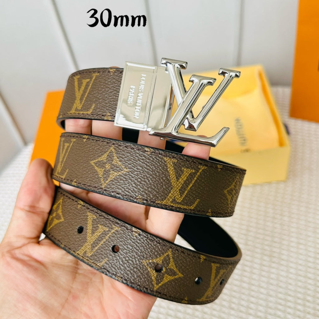 LV Initiales 30mm Reversible Belt Silver Rotating Buckle Black Brown Leather