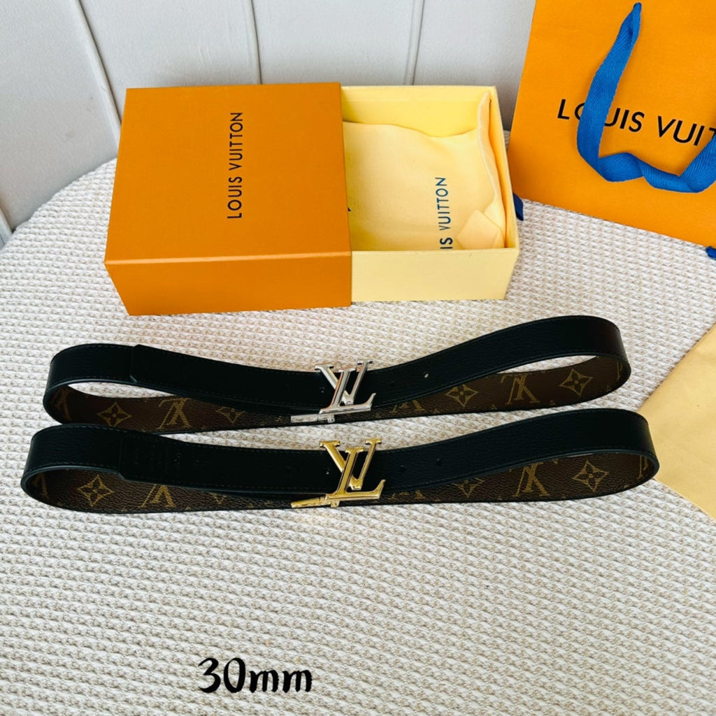 LV Initiales 30mm Reversible Belt Silver Rotating Buckle Black Brown Leather