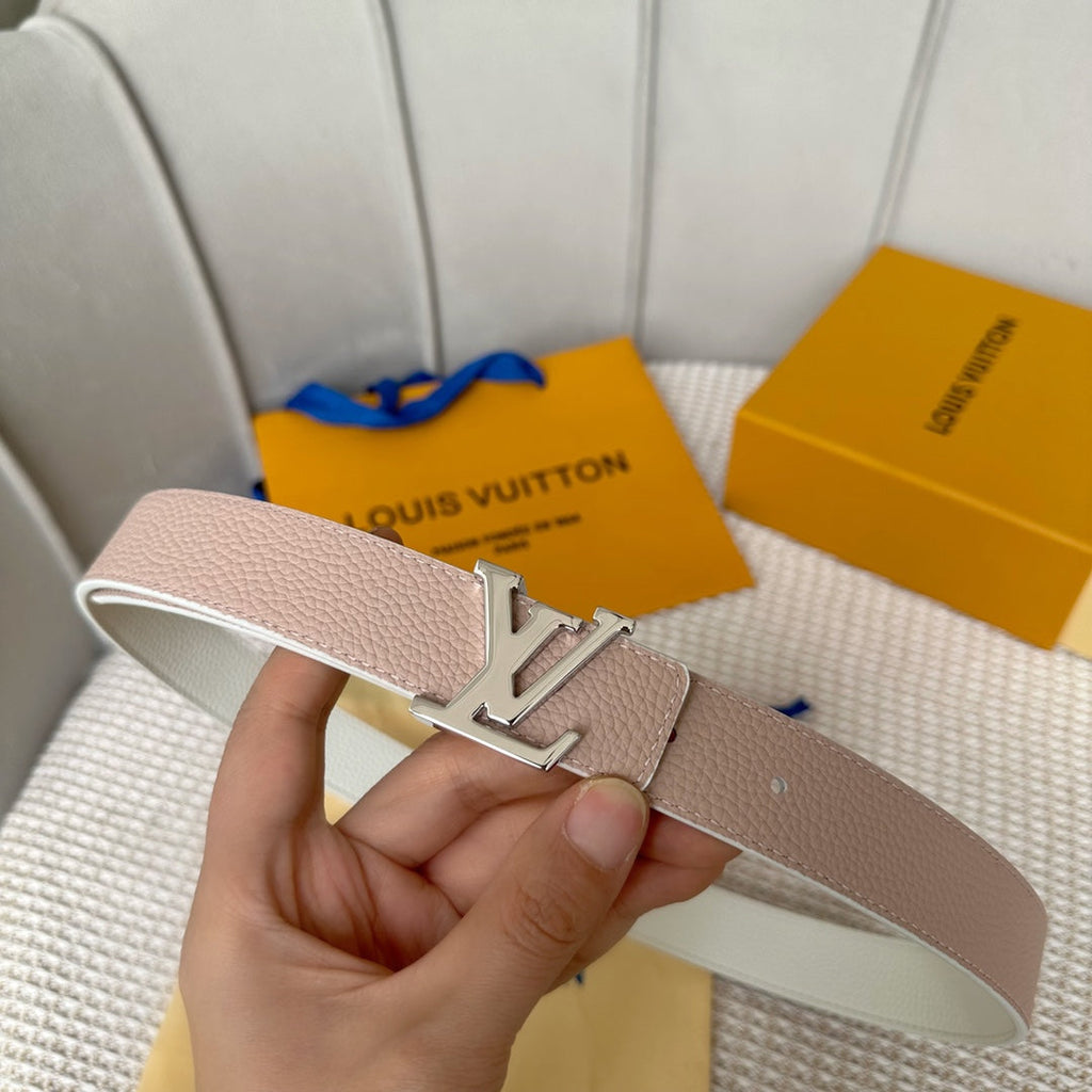 LV Initiales 30mm Reversible Belt Silver Buckle Pink White Leather