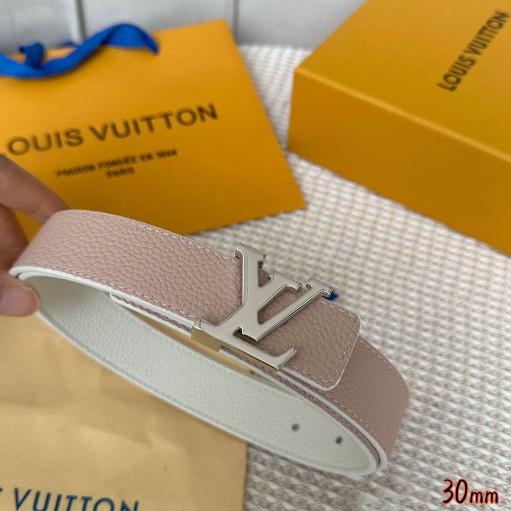LV Initiales 30mm Reversible Belt Silver Buckle Pink White Leather