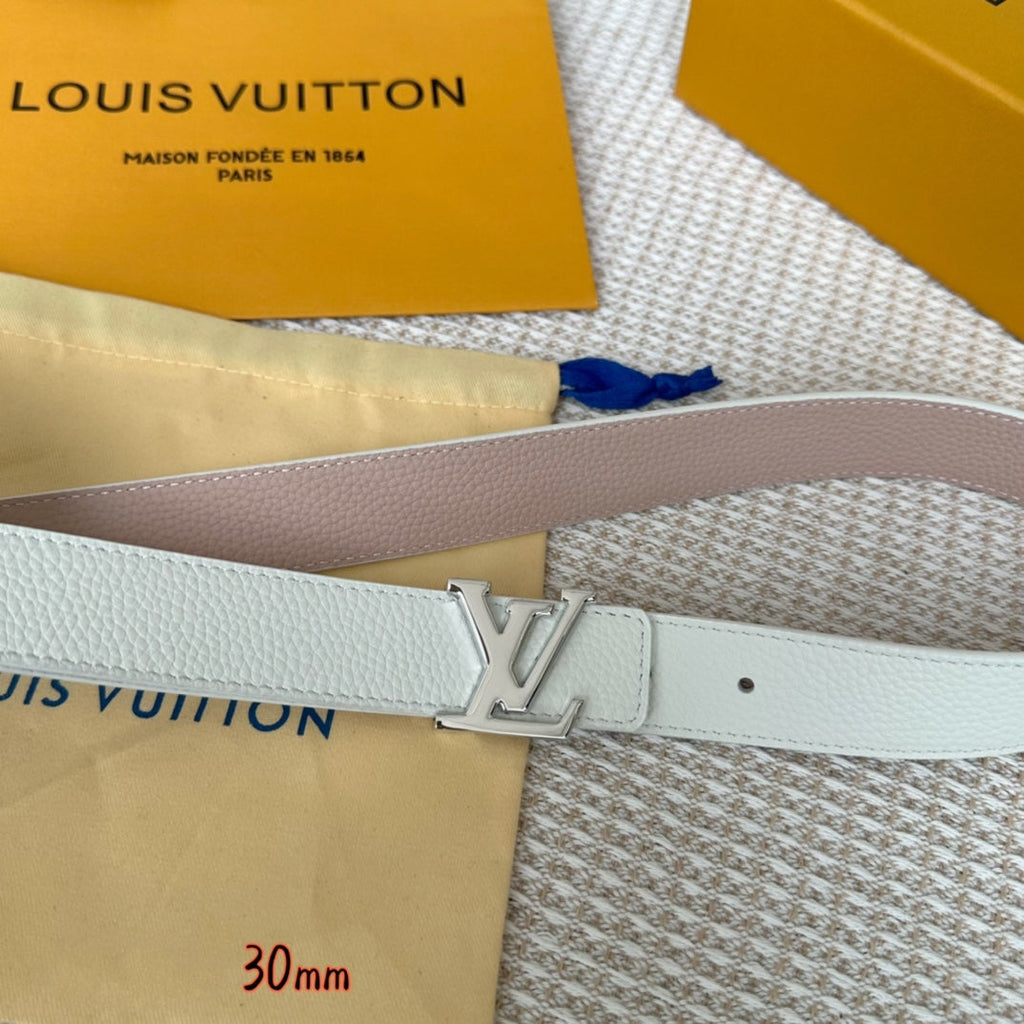 LV Initiales 30mm Reversible Belt Silver Buckle Pink White Leather