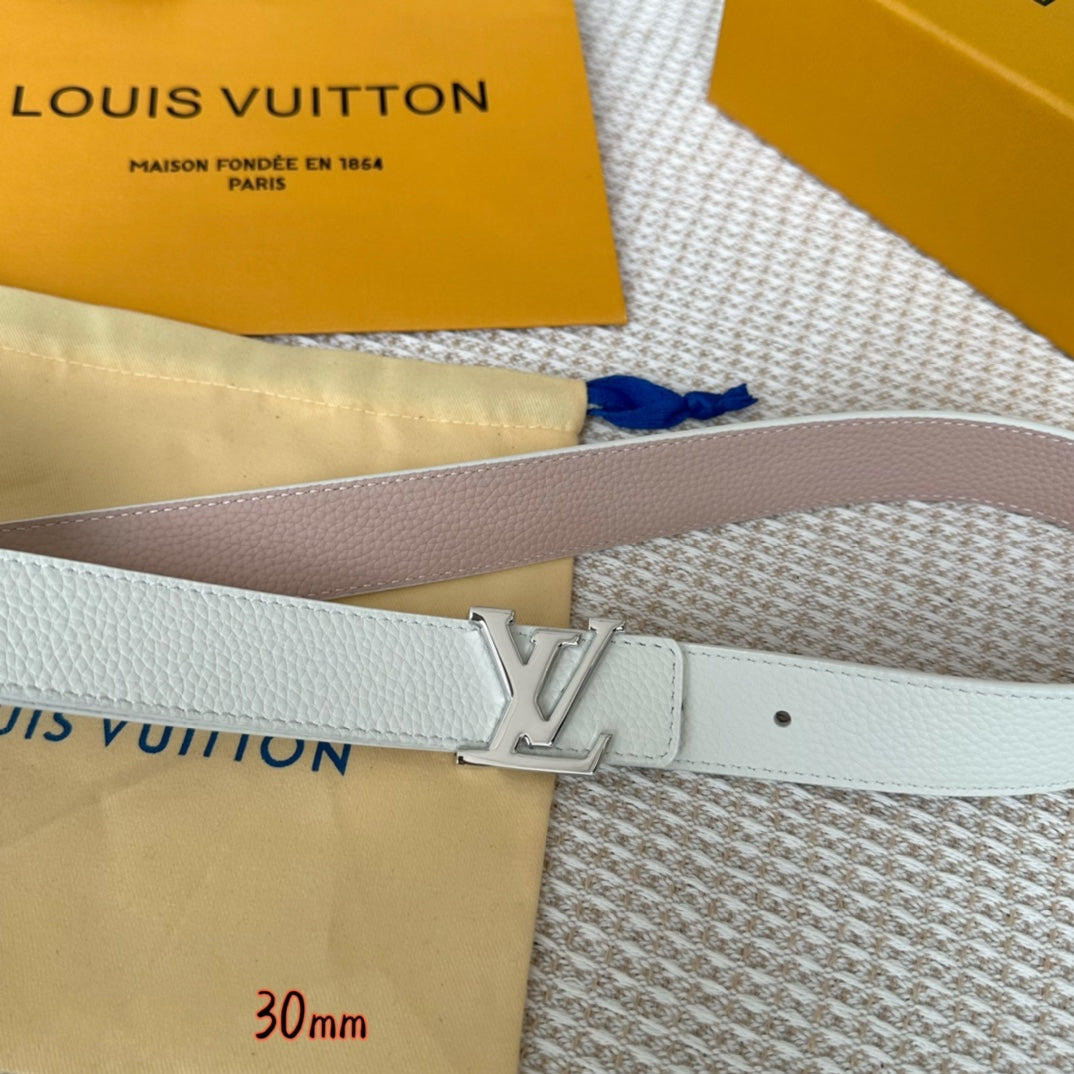 LV Initiales 30mm Reversible Belt Silver Buckle Pink White Leather