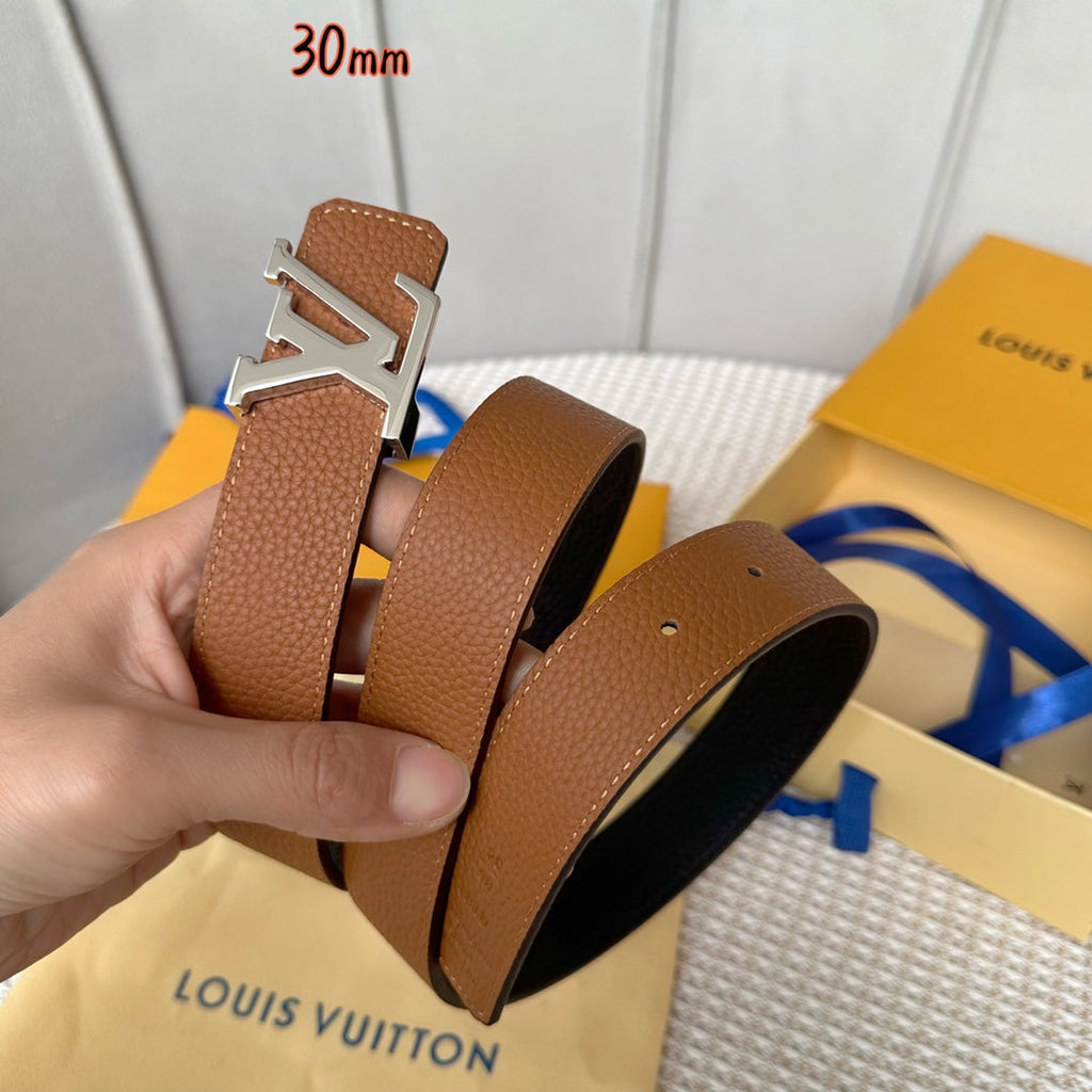 LV Initiales 30mm Reversible Belt Silver Buckle Tan Black Leather