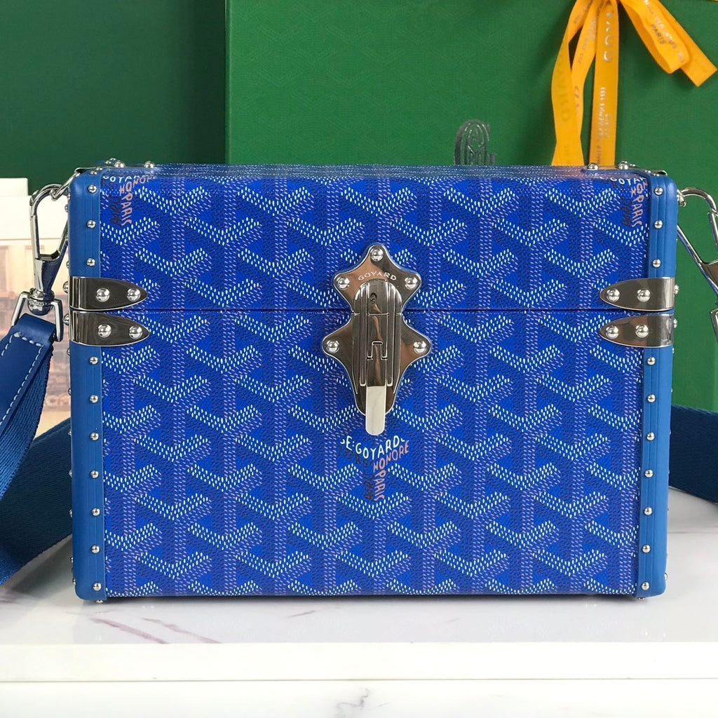 CASSETTE TRUNK BAG 21 IN BLUE GOYARDINE CANVAS & CLAMECY COWHIDE