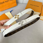 LV Flowergram 30mm Reversible Belt Silver Buckle White Brown Leather