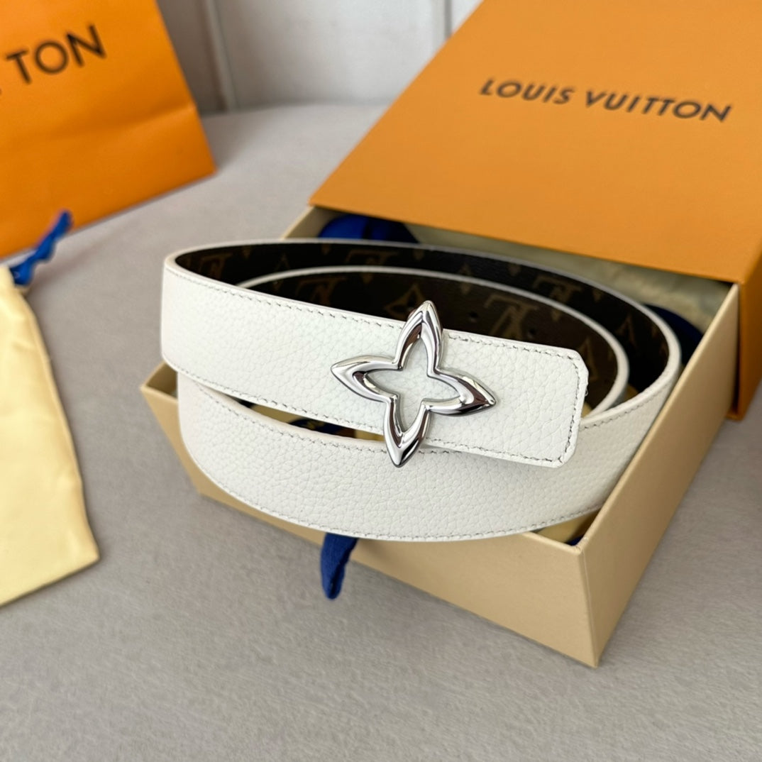 LV Flowergram 30mm Reversible Belt Silver Buckle White Brown Leather