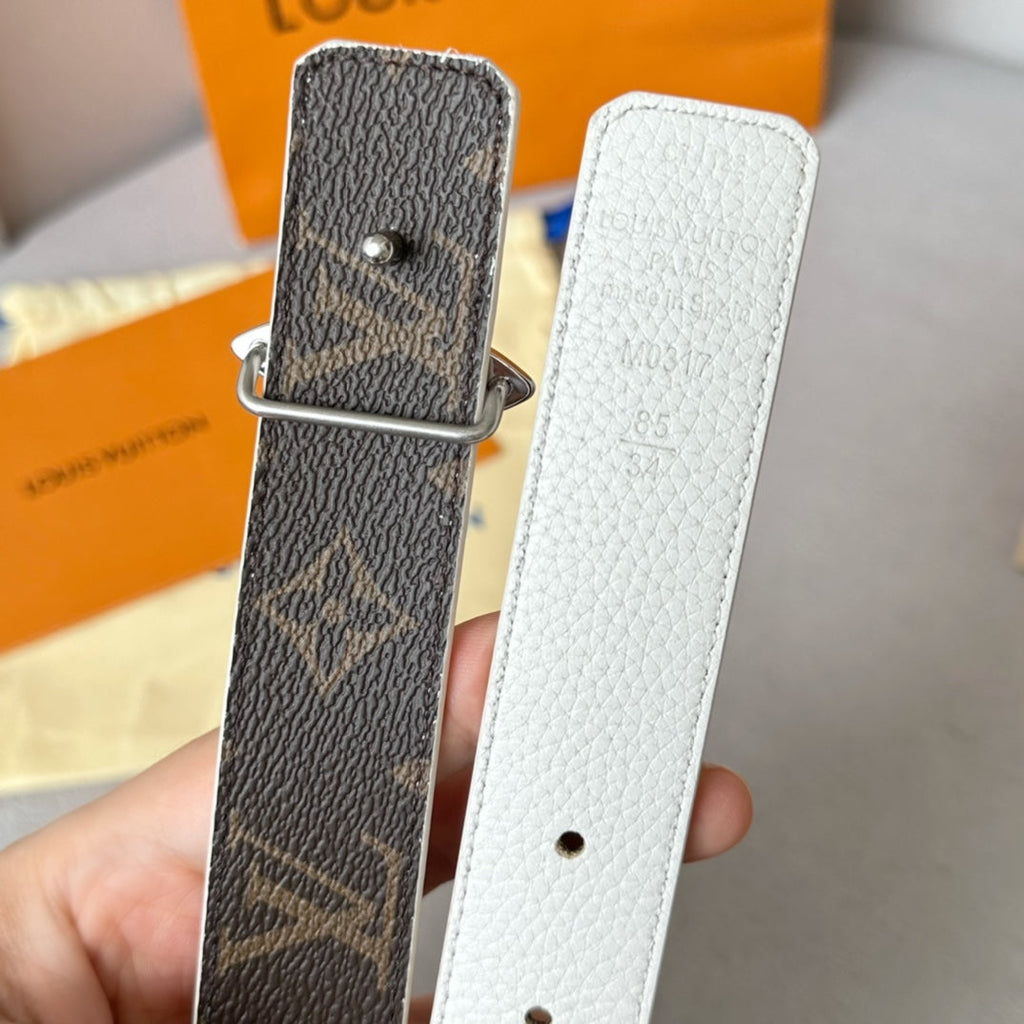 LV Flowergram 30mm Reversible Belt Silver Buckle White Brown Leather