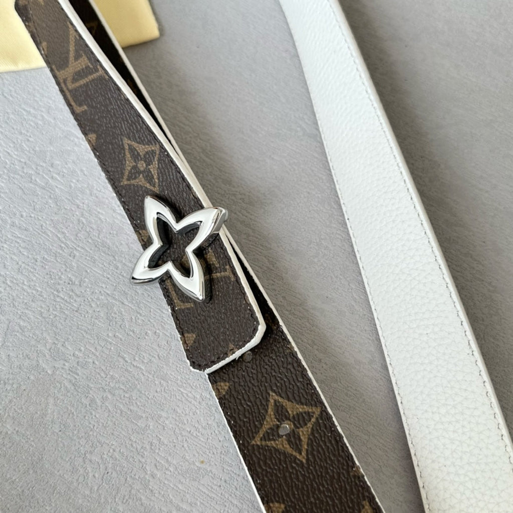 LV Flowergram 30mm Reversible Belt Silver Buckle White Brown Leather