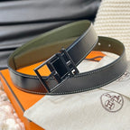 HM NATHAN REVERSIBLE BELT  32MM OLIVE GREEN AND BLACK LEATHER BLACK HARDWARE