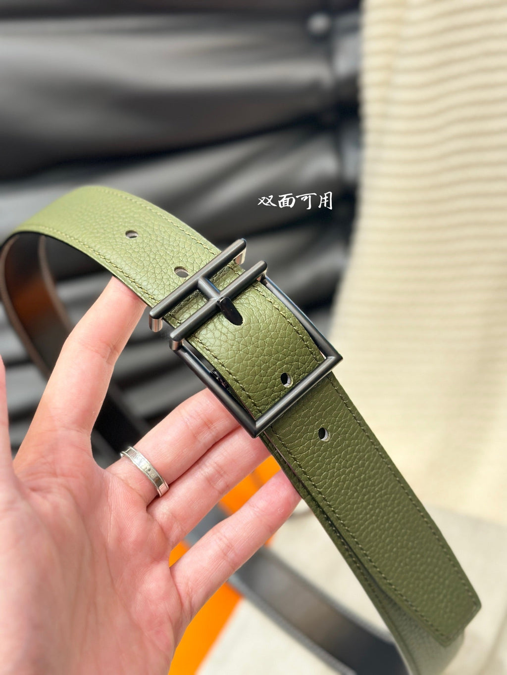 HM NATHAN REVERSIBLE BELT  32MM OLIVE GREEN AND BLACK LEATHER BLACK HARDWARE