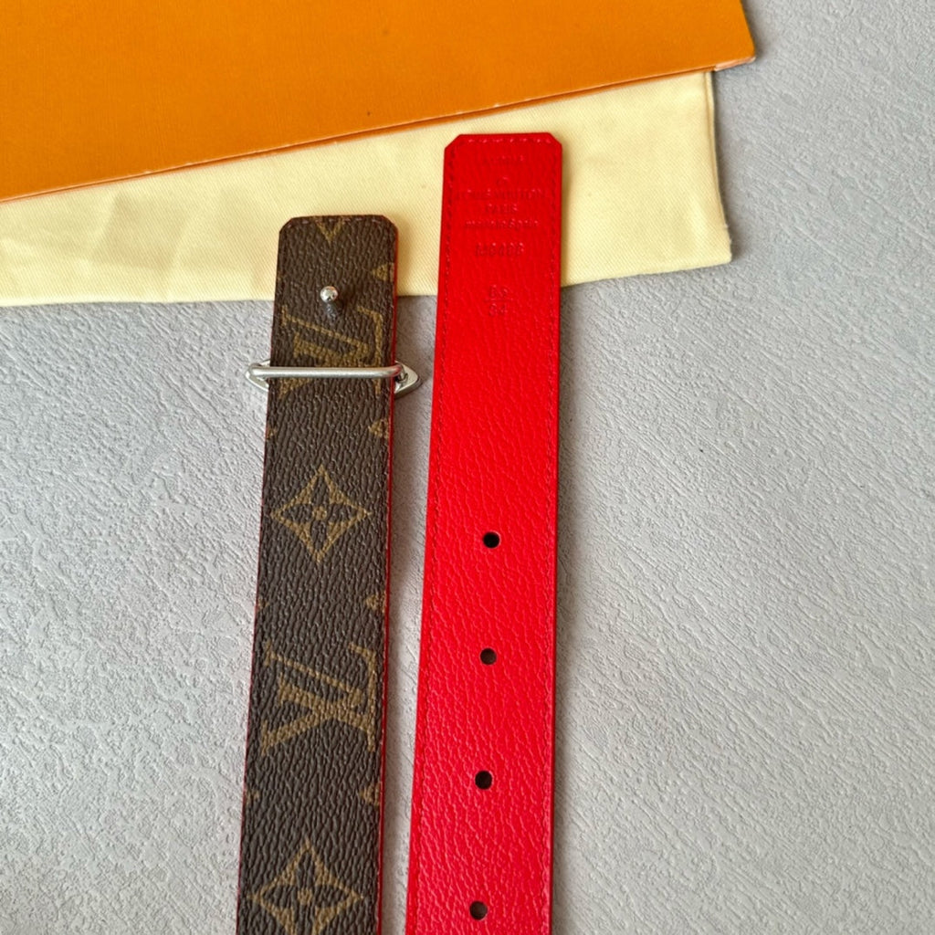 LV Flowergram 30mm Reversible Belt Silver Buckle Red Brown Leather