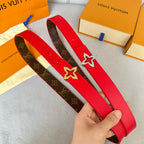 LV Flowergram 30mm Reversible Belt Silver Buckle Red Brown Leather
