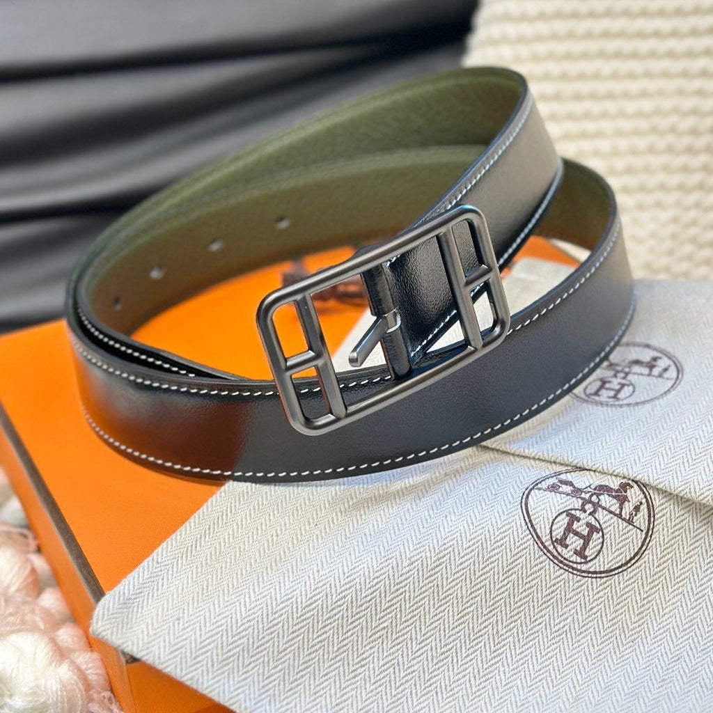 HM-CAPE COD 32MM REVERSIBLE BELT OLIVE GREEN AND BLACK LEATHER BLACK HARDWARE