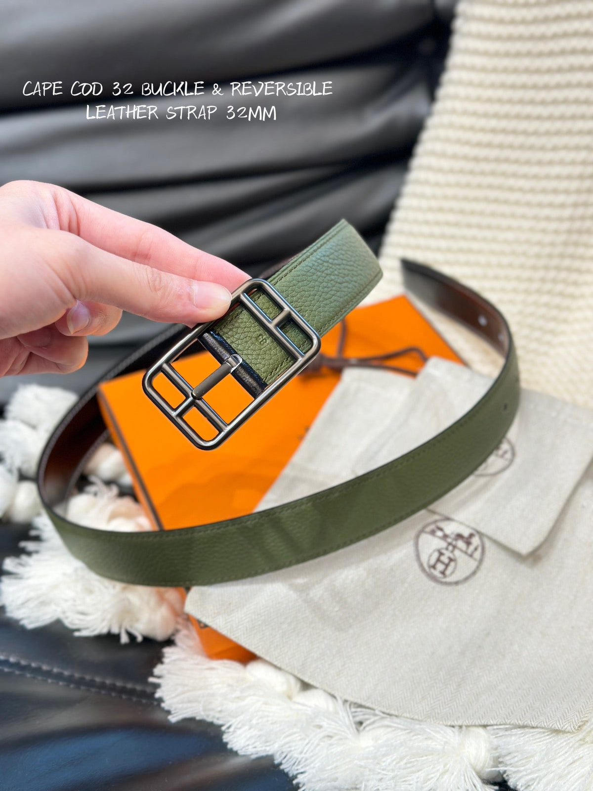 HM-CAPE COD 32MM REVERSIBLE BELT OLIVE GREEN AND BLACK LEATHER BLACK HARDWARE