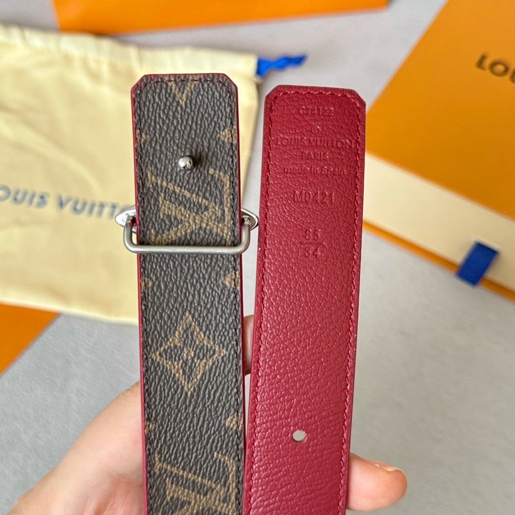 LV Flowergram 30mm Reversible Belt Silver Buckle Burgundy Brown Leather