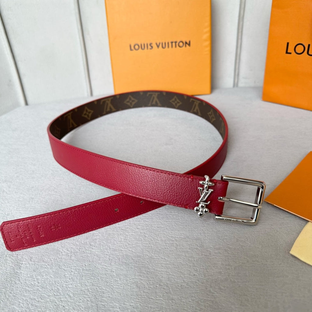 LV Bloom 30mm Belt Silver Buckle Burgundy Brown Leather