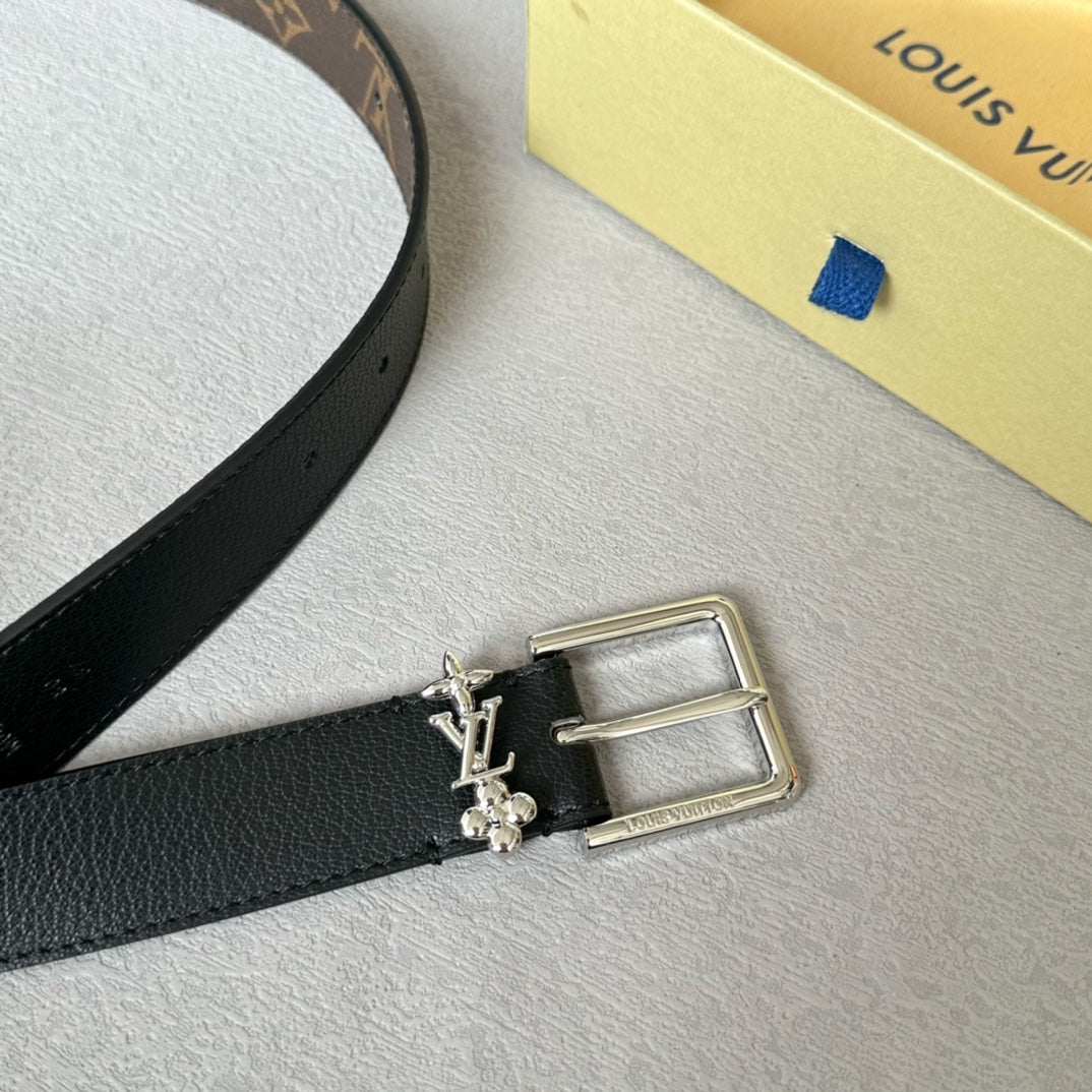 LV Bloom 30mm Belt Silver Buckle Black Brown Leather