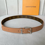 LV Bloom 30mm Belt Silver Buckle Beige Brown Leather