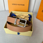LV Bloom 30mm Belt Silver Buckle Beige Brown Leather