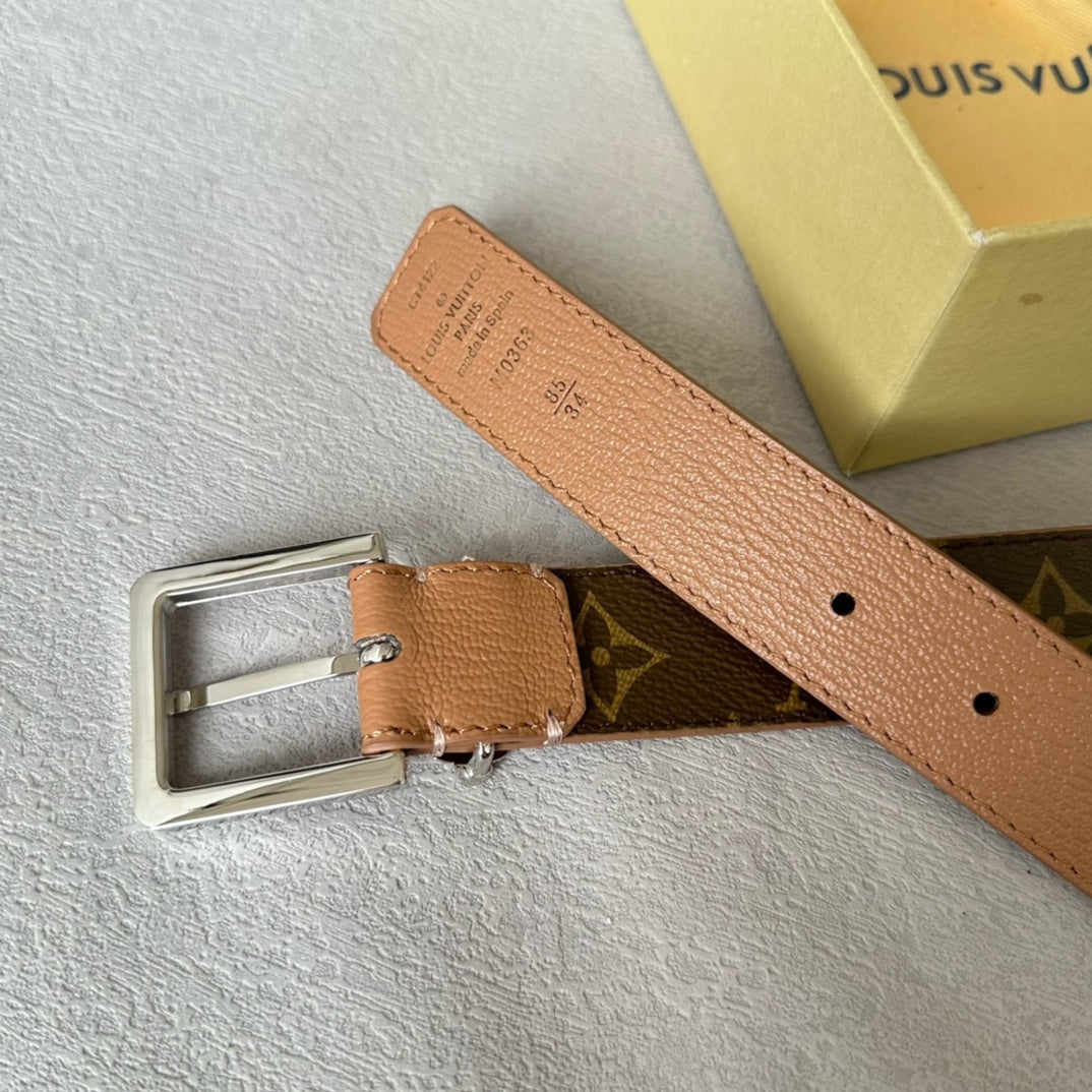 LV Bloom 30mm Belt Silver Buckle Beige Brown Leather