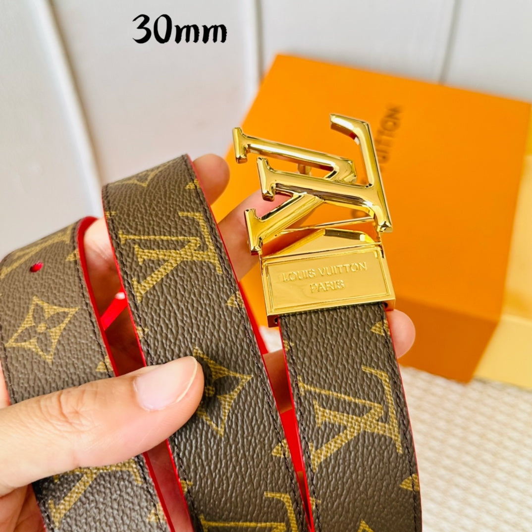 LV Initiales 30mm Reversible Belt Gold Rotating Buckle Red Brown Leather