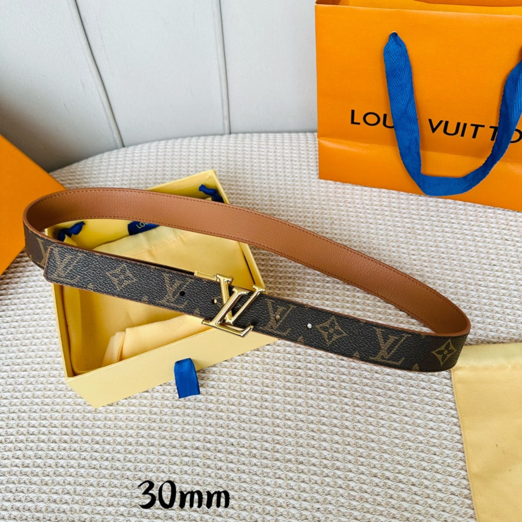 LV Initiales 30mm Reversible Belt Gold Rotating Buckle Tan Brown Leather