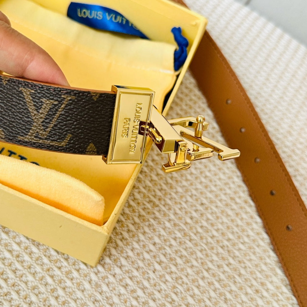 LV Initiales 30mm Reversible Belt Gold Rotating Buckle Tan Brown Leather