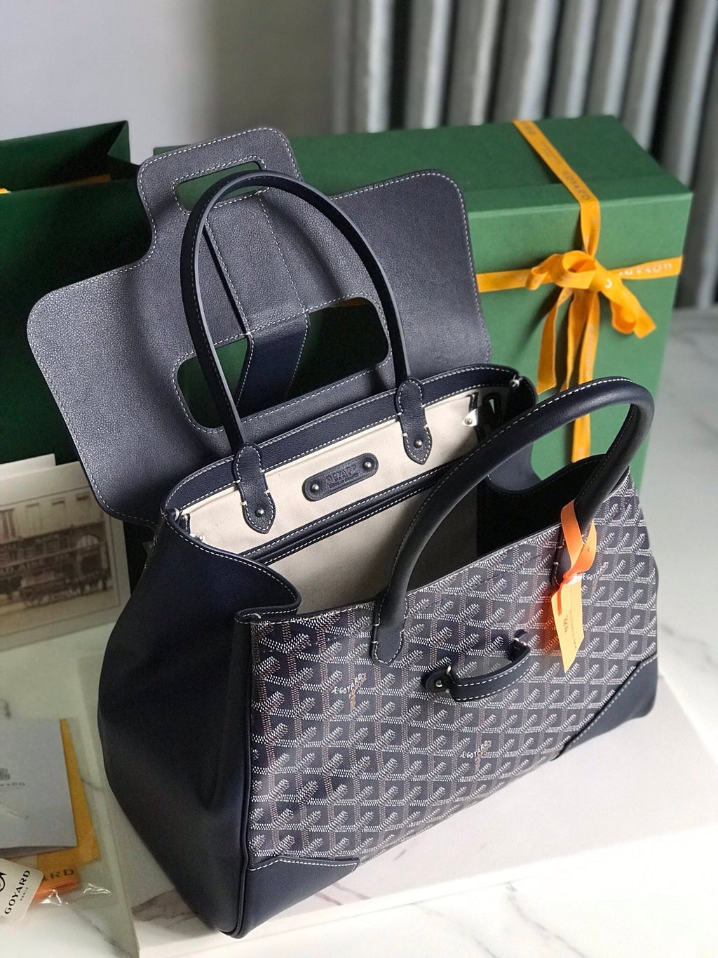 SAIGON SOUPLE BAG 34 IN NAVY BLUE GOYARDINE CANVAS AND CALFSKIN
