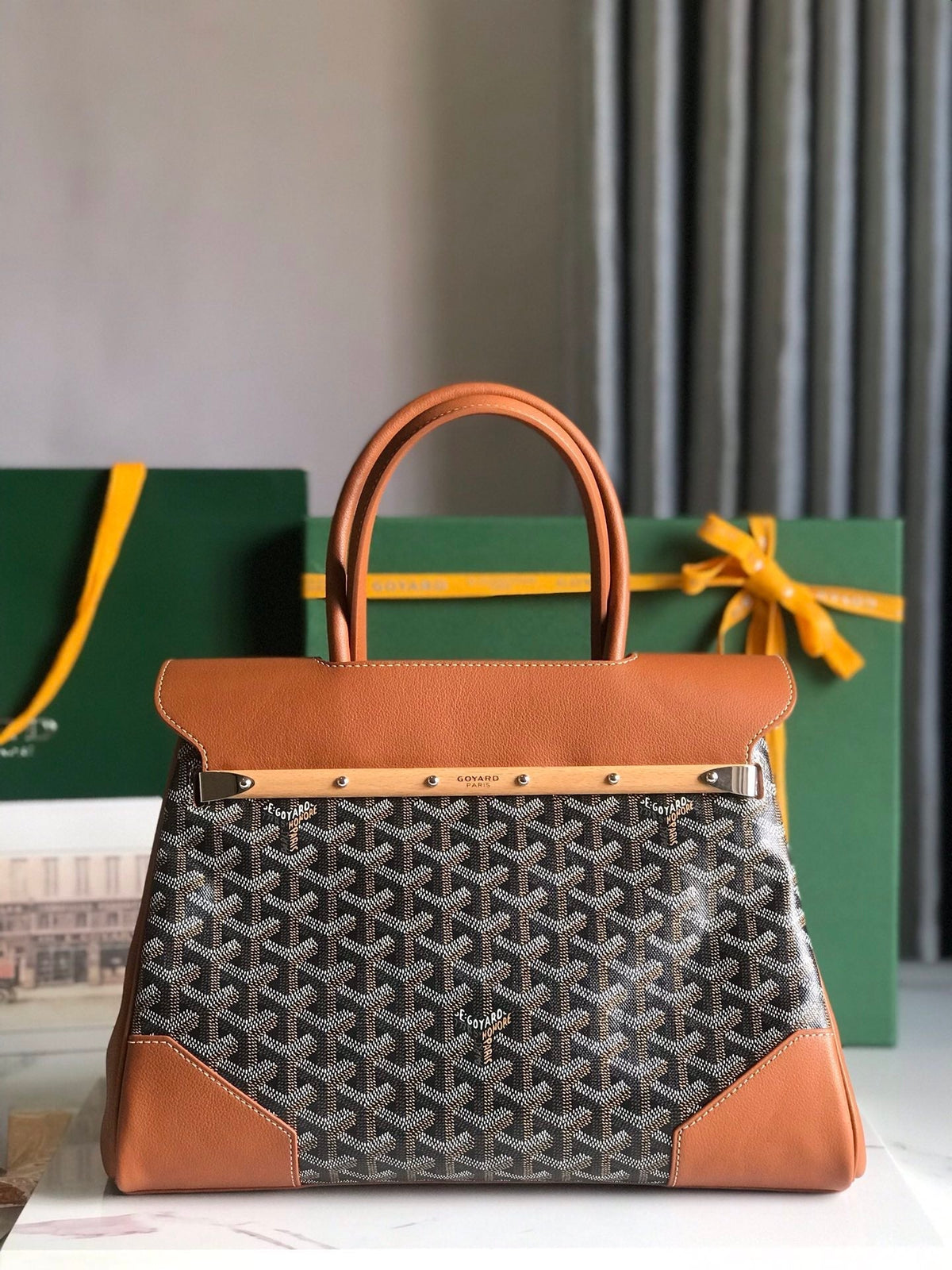 SAIGON SOUPLE BAG 34 IN BROWN GOYARDINE CANVAS AND CALFSKIN