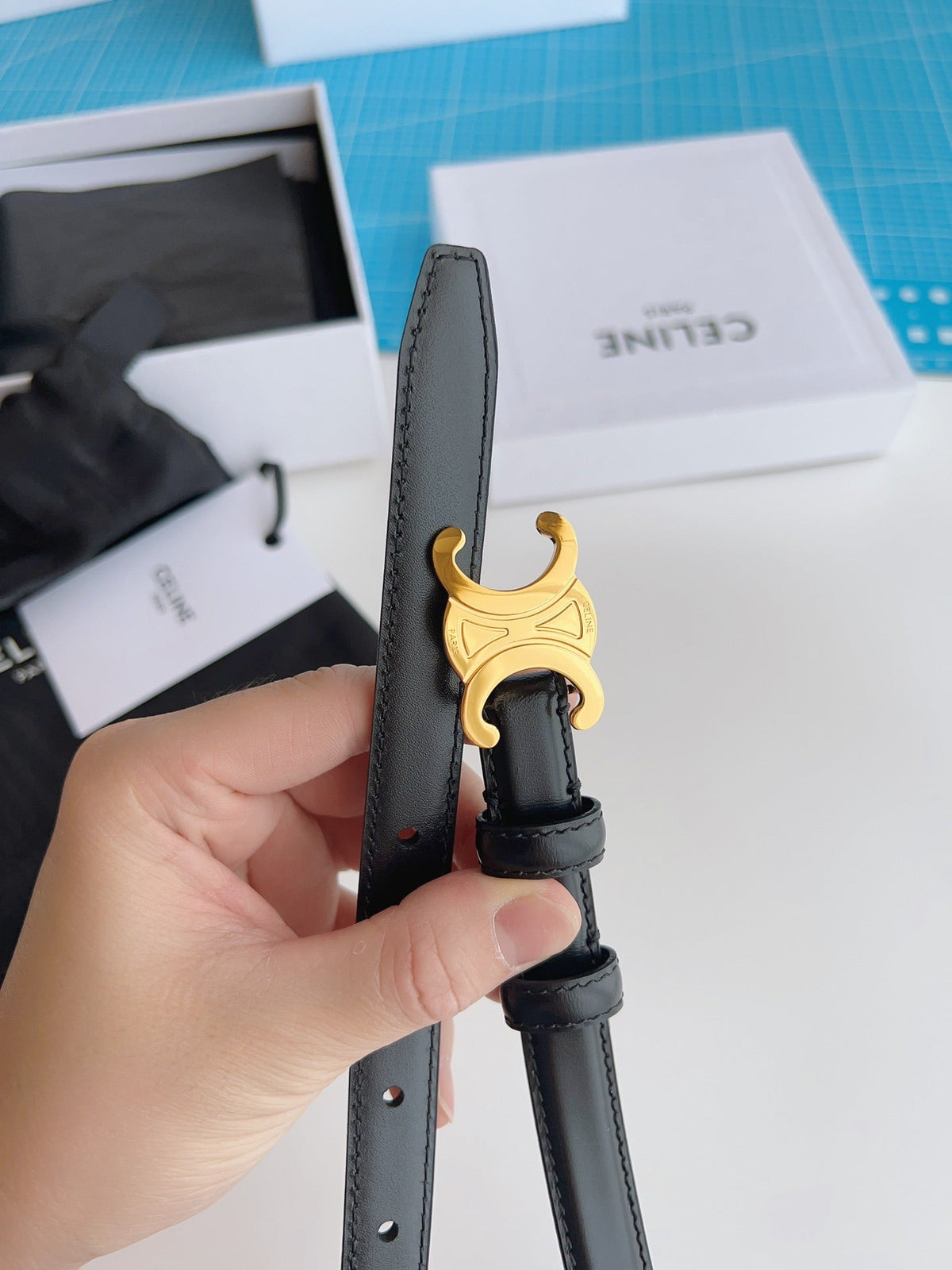Triomphe Belt 18mm Black Calfskin Gold Buckle